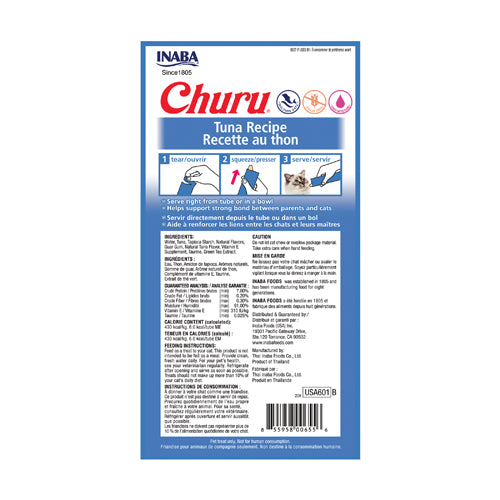 Reverso del empaque Churu atún 4 tubos con ingredientes e información nutricional