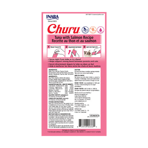 Reverso del empaque Churu atún con salmón 4 tubos con ingredientes e información nutricional