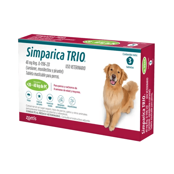 Simparica Trio – Tableta masticable antipulgas, garrapatas y desparasitación total - Pet Republic GTZoetis20 a 40 KG / 1 Tableta (48 MG)