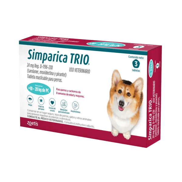 Simparica Trio – Tableta masticable antipulgas, garrapatas y desparasitación total - Pet Republic GTZoetis10 a 20 KG / 1 Tableta (24 MG)
