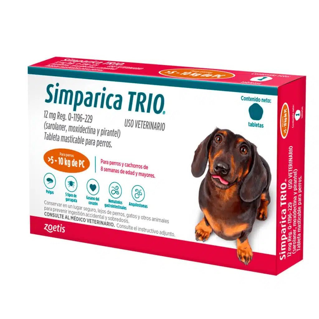 Simparica Trio – Tableta masticable antipulgas, garrapatas y desparasitación total - Pet Republic GTZoetis5 a 10 KG / 1 Tableta (12 MG)