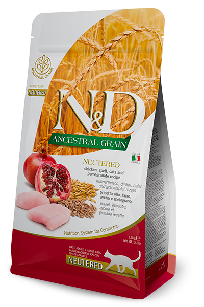 Bolsa de N&D Ancestral Grain Pollo y Granada para gatos castrados, vista frontal
