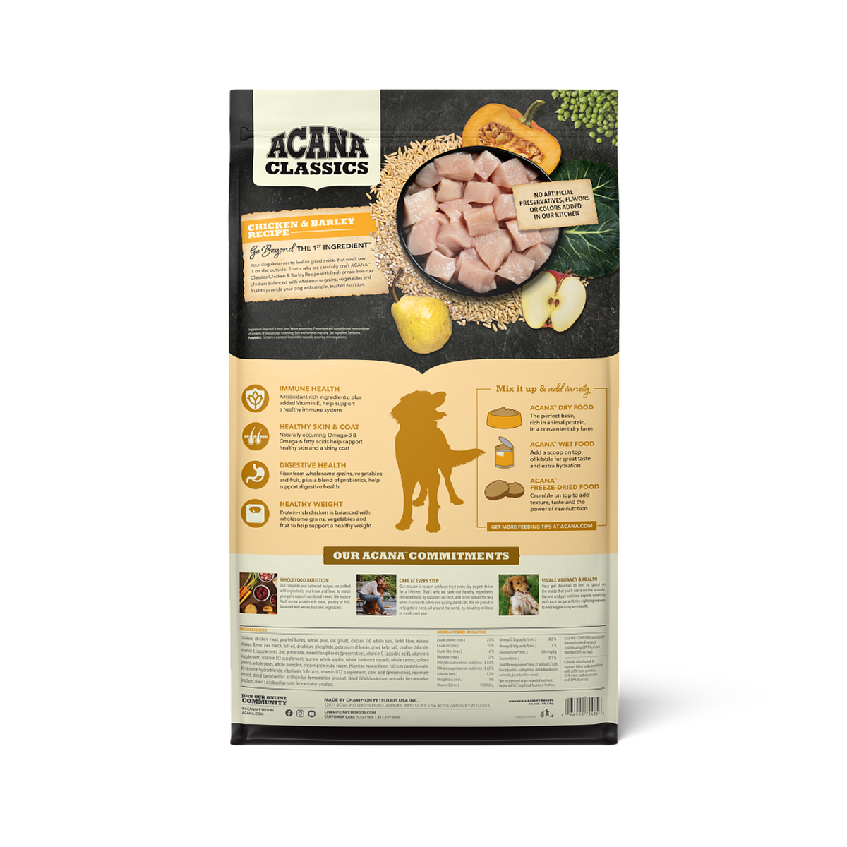 Parte trasera del saco ACANA Classics Pollo y Cebada con información nutricional