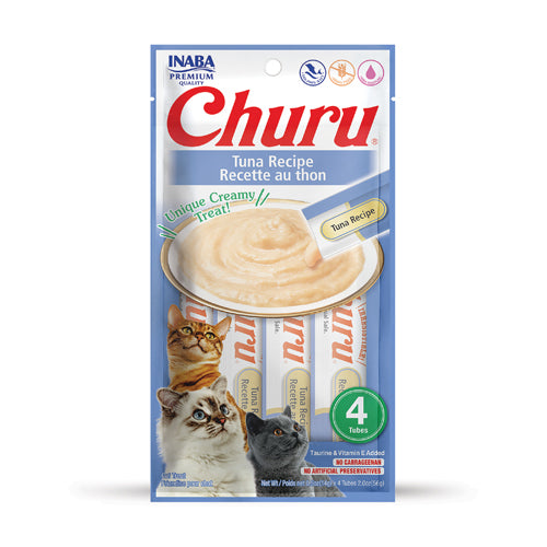 Churu atún snack cremoso para gatos, paquete de 4 tubos de 14 g, empaque de frente