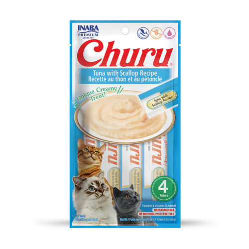 Churu atún con vieira snack cremoso para gatos, paquete de 4 tubos de 14 g, empaque de frente