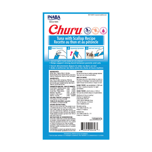 Reverso del empaque Churu atún con vieira 4 tubos con ingredientes e información nutricional