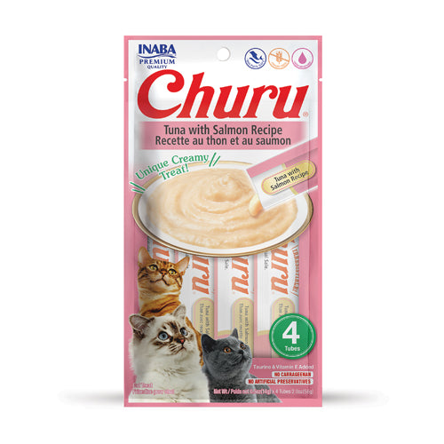 Churu atún con salmón snack cremoso para gatos, paquete de 4 tubos de 14 g, empaque de frente