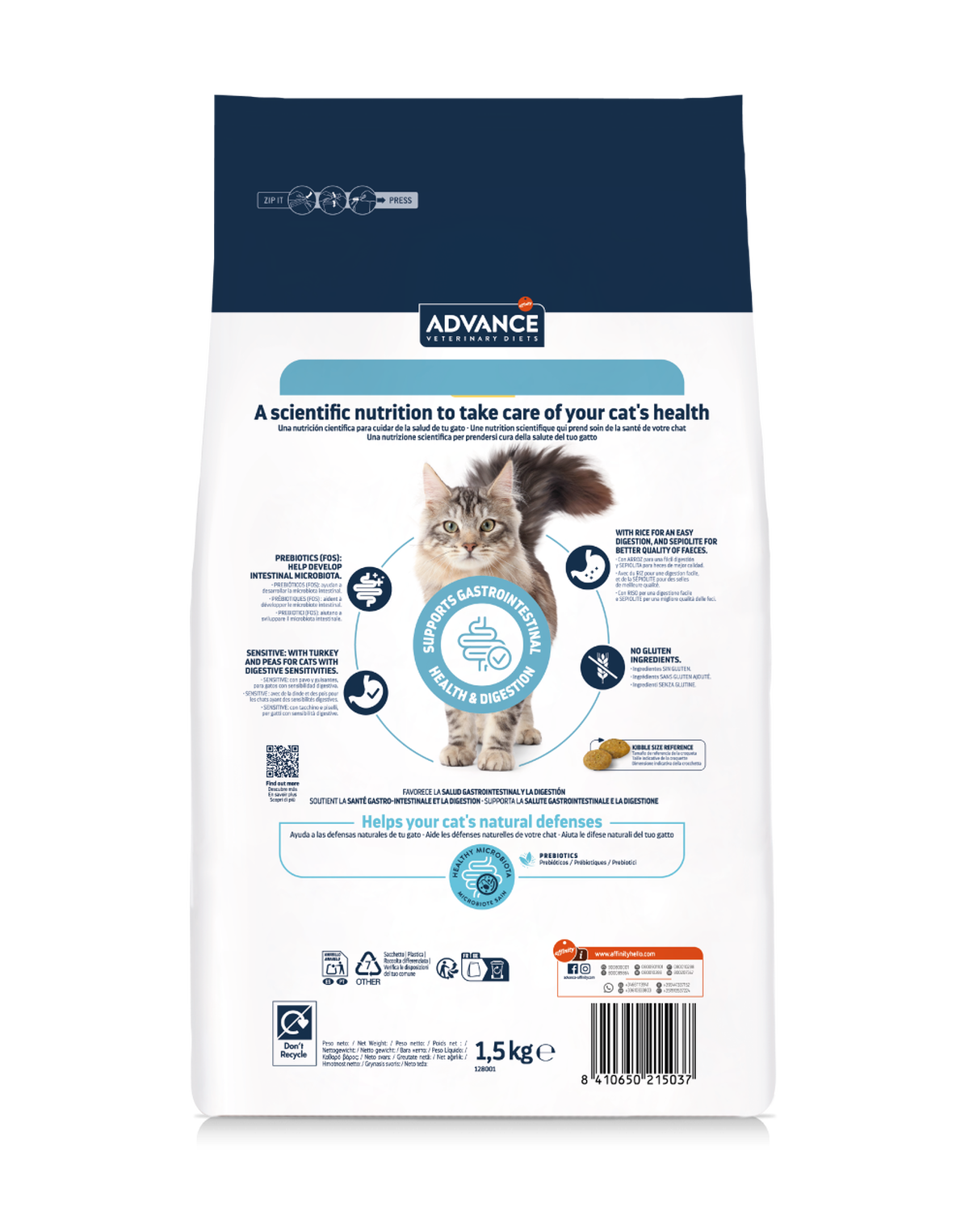Parte trasera de la bolsa Advance Gastroenteric Sensitive para gatos 1.5 kg
