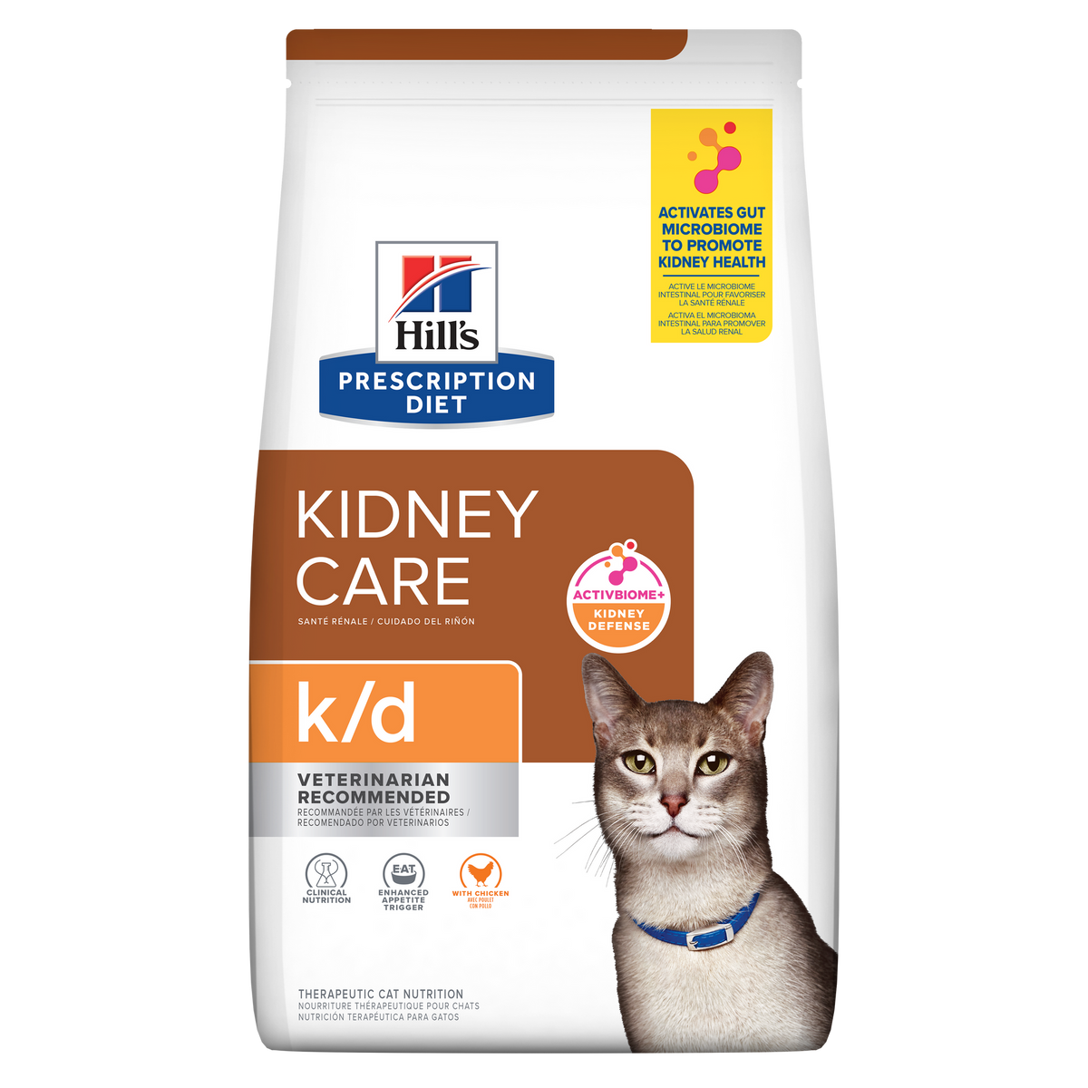 Bolsa de Hill's Prescription Diet k/d con pollo, alimento seco renal para gatos, vista frontal