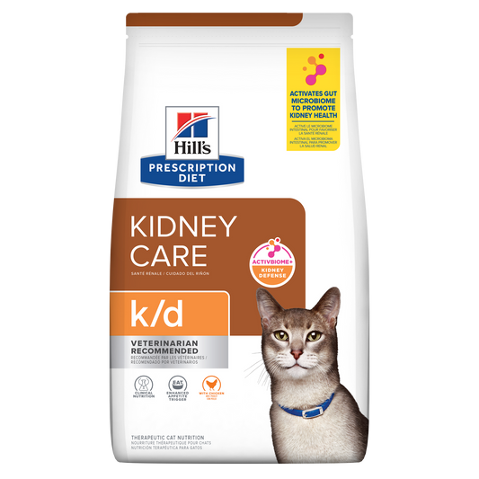 Bolsa de Hill's Prescription Diet k/d con pollo, alimento seco renal para gatos, vista frontal