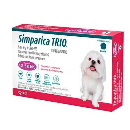Simparica Trio – Tableta masticable antipulgas, garrapatas y desparasitación total - Pet Republic GTZoetis2.5 a 5 KG / 1 Tableta (6 MG)