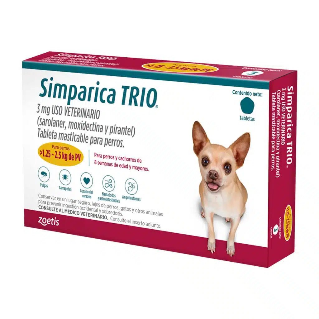 Simparica Trio – Tableta masticable antipulgas, garrapatas y desparasitación total - Pet Republic GTZoetis1.25 a 2.5 KG / 1 Tableta (3 MG)