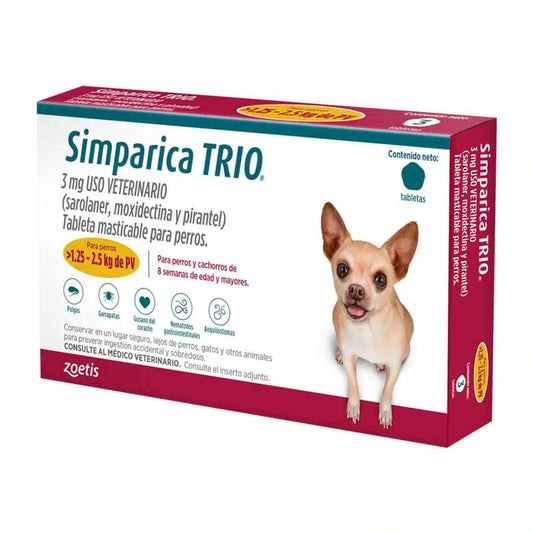Simparica Trio – Tableta masticable antipulgas, garrapatas y desparasitación total - Pet Republic GTZoetis1.25 a 2.5 KG / 1 Tableta (3 MG)