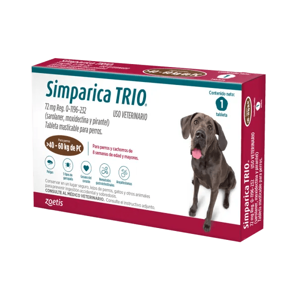 Simparica Trio – Tableta masticable antipulgas, garrapatas y desparasitación total - Pet Republic GTZoetis40 a 60 KG / 1 Tableta (72 MG)